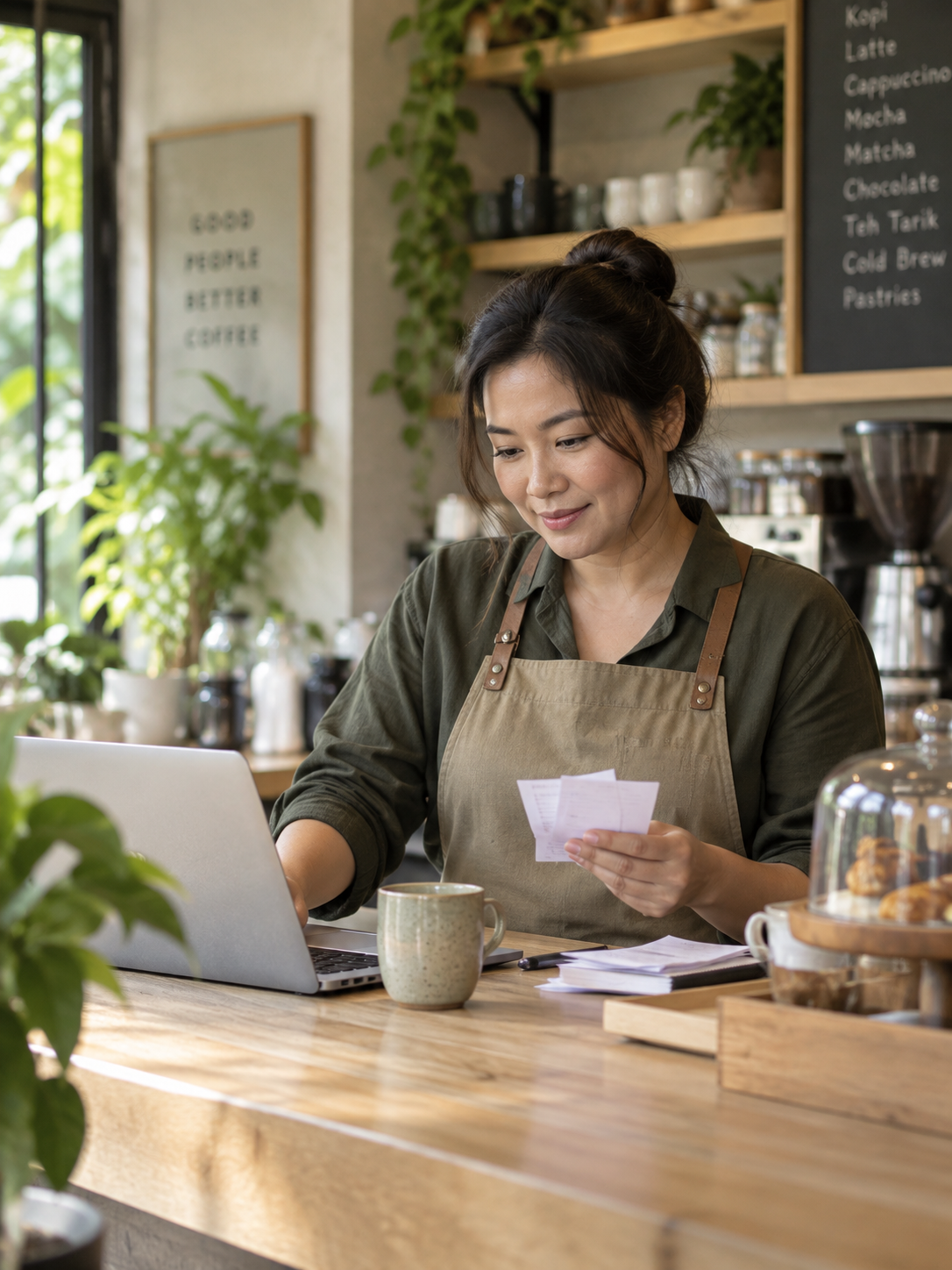 Illustrative café owner reviewing her business records