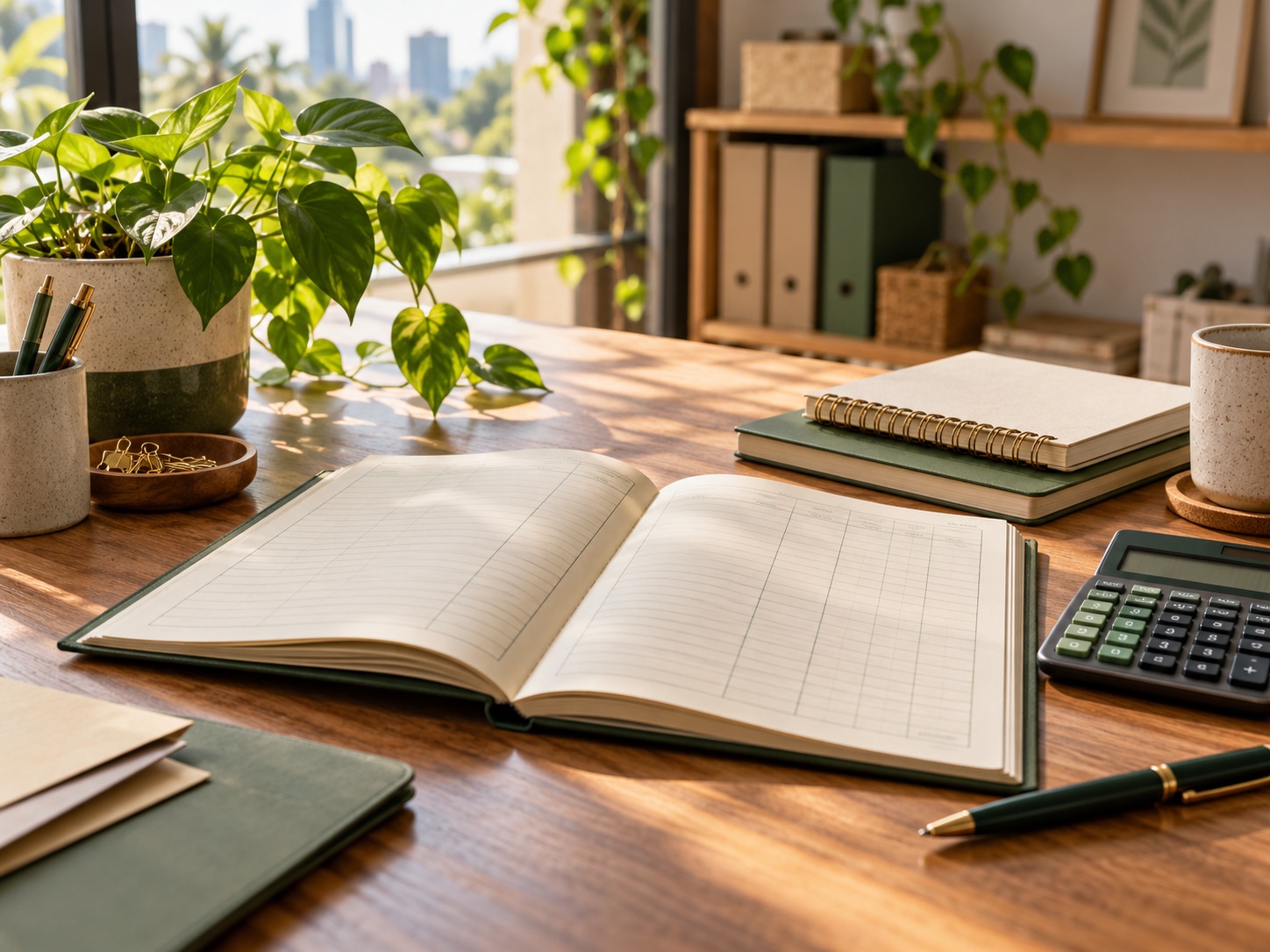 Organised accounting ledger, notebooks and calculator in a bright workspace